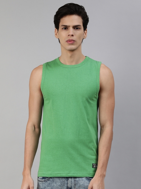 

abof Men Green Solid Sleeveless Pure Cotton T-shirt