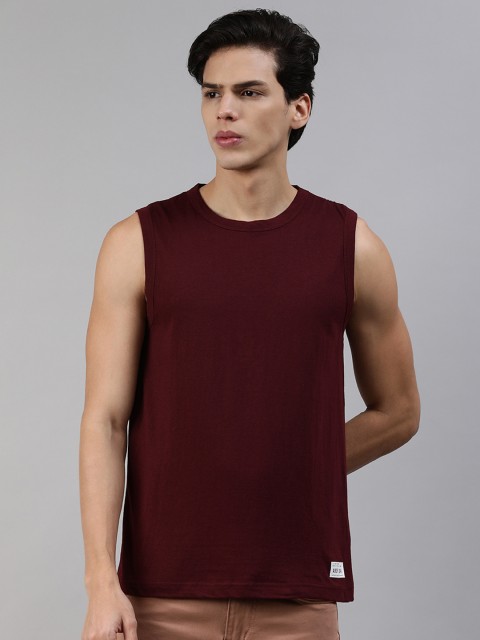 

abof Men Maroon Solid Sleeveless Pure Cotton T-shirt