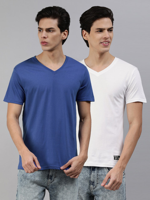 

abof Men White & Blue 2 V-Neck T-shirt