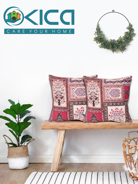 

KICA White & Beige Set of 2 Ethnic Motifs Suede Square Cushion Covers
