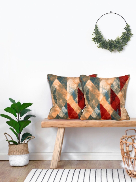 

KICA Yellow & Red Set of 2 Geometric Velvet Square Cushion Covers