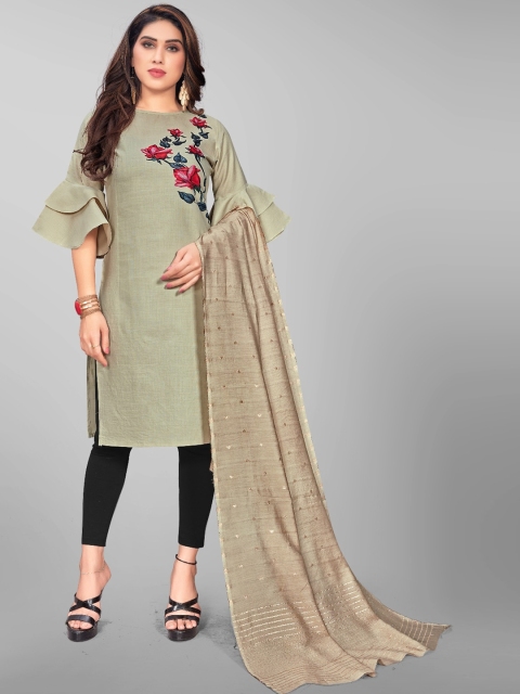 

OM SAI LATEST CREATION Women Grey Floral Embroidered Flared Sleeves Thread Work Handloom Anarkali Kurta