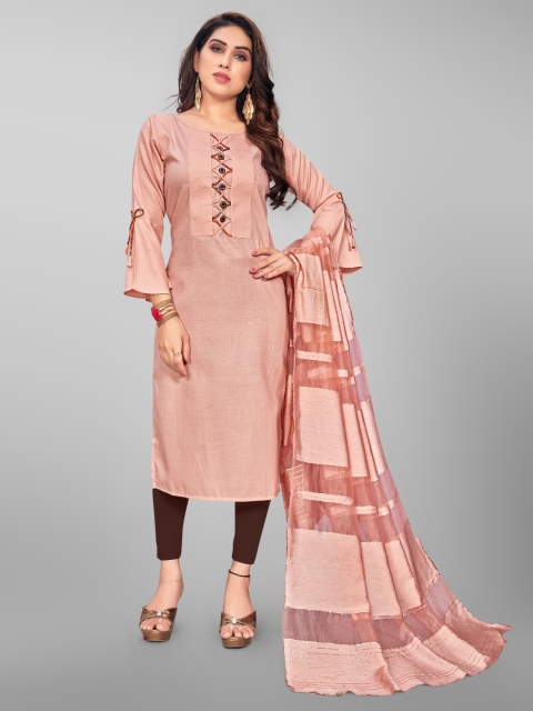 

OM SAI LATEST CREATION Women Pink Flared Sleeves Thread Work Handloom Kurta