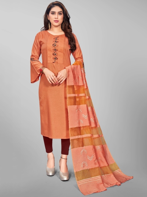 

OM SAI LATEST CREATION Women Orange Floral Checked Flared Sleeves Thread Work Handloom Anarkali Kurta