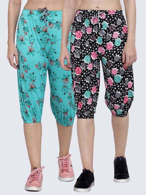 

KLOTTHE Women Set of 2 Turquoise Blue & Black Printed Capris