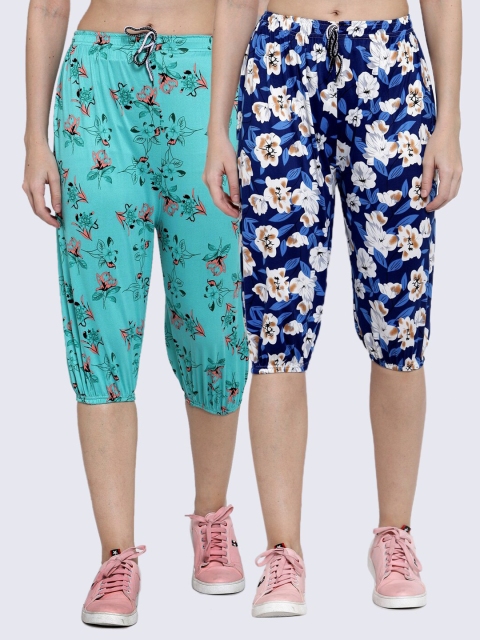 

KLOTTHE Women Pack of 2 Blue & Green Printed Capris, Turquoise blue
