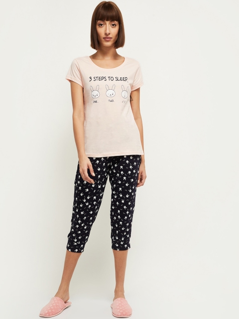 

max Women Peach-Coloured & Black Printed Pure Cotton Night Suit