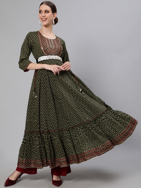 

Ishin Women Olive Green & Beige Ethnic Motifs Printed Thread Work Anarkali Kurta