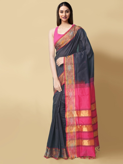 

Unnati Silks Black & Fuchsia Pink Zari Silk Cotton Handloom Uppada Saree