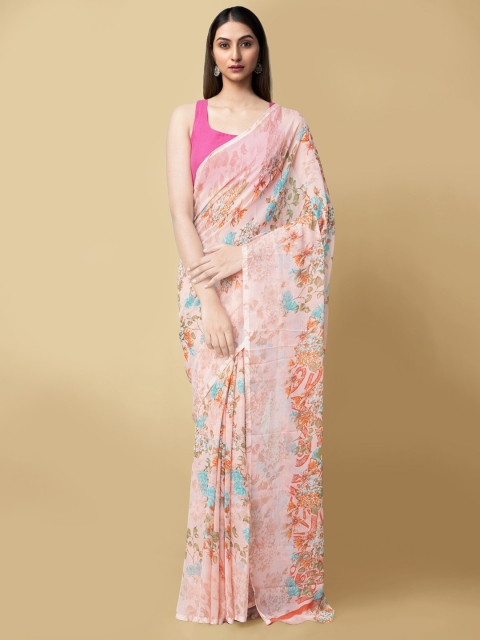 

Unnati Silks Peach-Coloured & Pink Floral Printed Handloom Bhagalpuri Saree