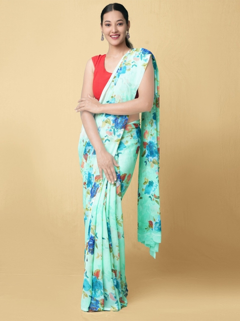 

Unnati Silks Women Green & Blue Floral Art Chiffon Saree