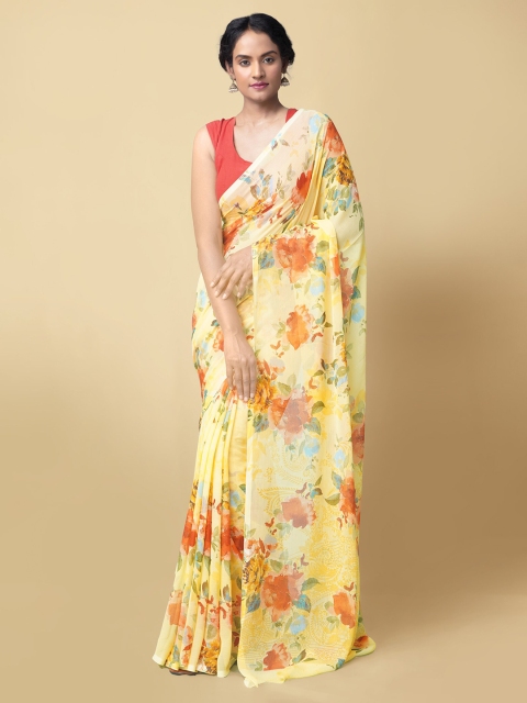 

Unnati Silks Yellow & Orange Floral Printed Handloom Bhagalpuri Saree