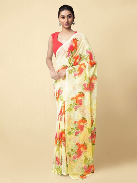 

Unnati Silks Yellow & Red Floral Printed Handloom Bhagalpuri Saree