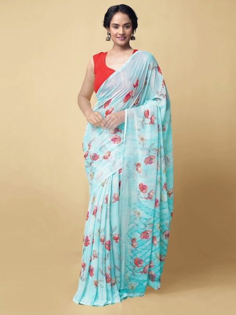 

Unnati Silks Turquoise Blue & Red Floral Printed Handloom Bhagalpuri Saree