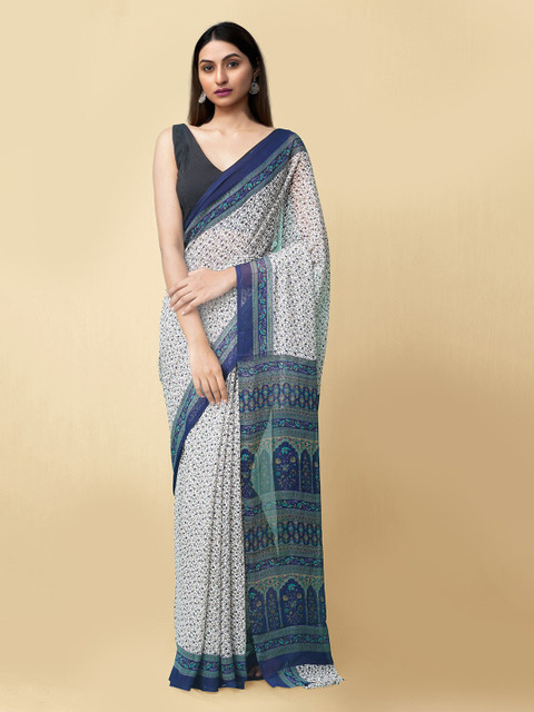 

Unnati Silks Cream-Coloured & Navy Blue Floral Printed Handloom Bhagalpuri Saree