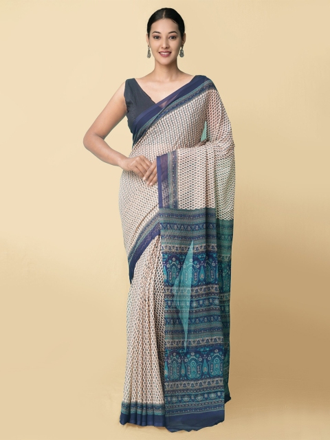 

Unnati Silks Beige & Blue Dabu Printed Handloom Bhagalpuri Saree