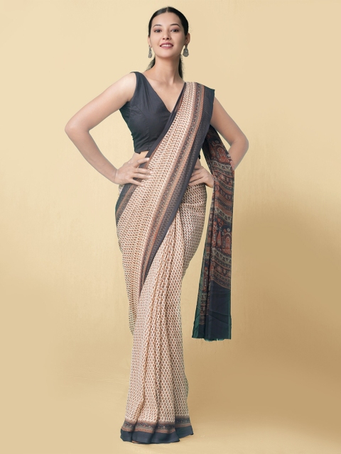 

Unnati Silks Beige & Black Floral Printed Handloom Bhagalpuri Saree