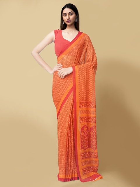 

Unnati Silks Orange & Red Floral Printed Handloom Bhagalpuri Saree