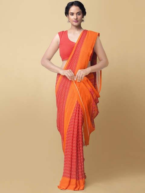 

Unnati Silks Pink & Orange Dabu Printed Handloom Bhagalpuri Saree