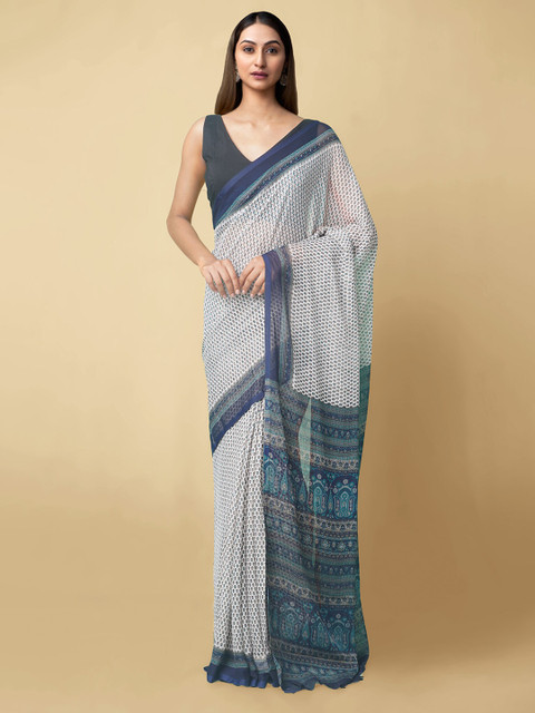 

Unnati Silks White & Blue Floral Printed Handloom Bhagalpuri Saree