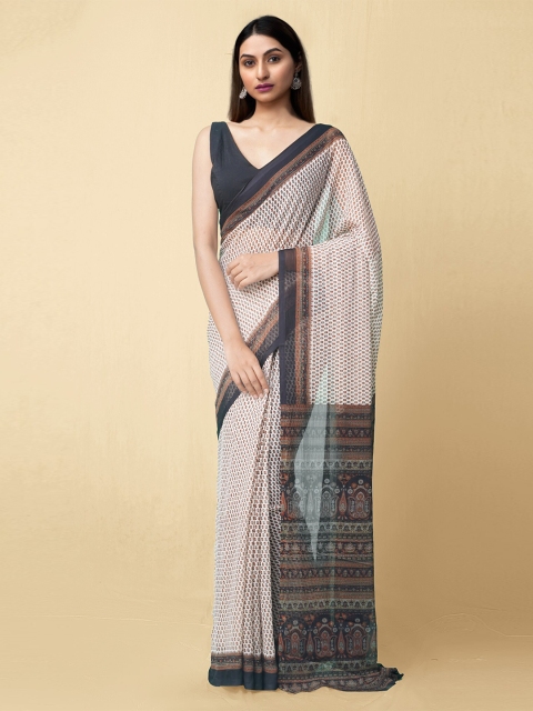 

Unnati Silks Cream-Coloured & Black Floral Printed Handloom Bhagalpuri Saree