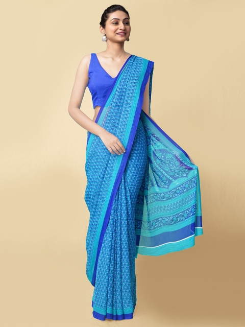 

Unnati Silks Blue Floral Printed Handloom Bhagalpuri Saree