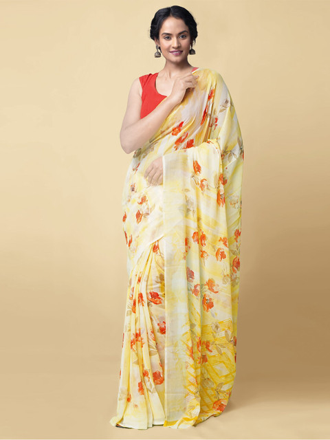 

Unnati Silks Yellow & Red Floral Printed Handloom Bhagalpuri Saree
