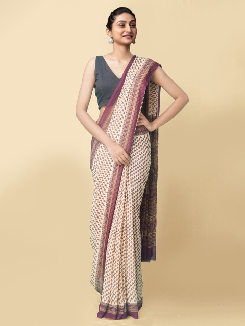 

Unnati Silks White & Brown Floral Bhagalpuri Handloom Saree