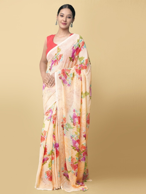 

Unnati Silks Women Peach-Coloured Floral Art Chiffon Saree