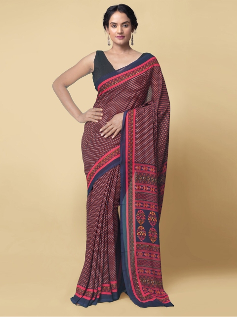 

Unnati Silks Women Navy Blue Woven Design, Red