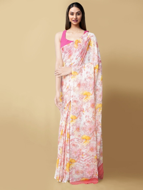

Unnati Silks White & Pink Floral Bhagalpuri Handloom Saree