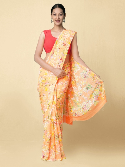 

Unnati Silks Women Orange Floral Art Chiffon Saree