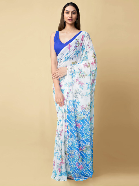 

Unnati Silks White & Blue Floral Bhagalpuri Handloom Saree