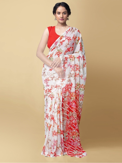 

Unnati Silks White & Pink Floral Bhagalpuri Handloom Saree