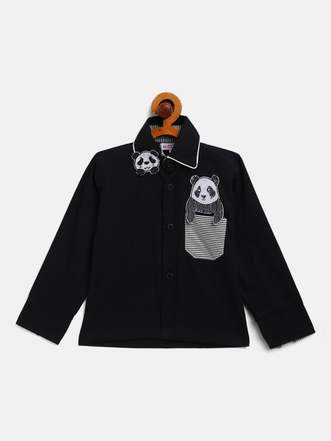 

Kids Clan Boys Black Cotton Solid Casual Shirt with Panda Applique