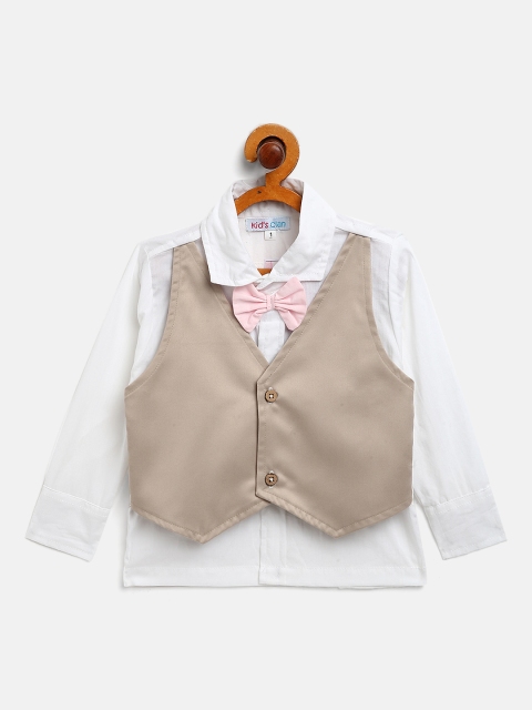 

Kids Clan Boys White Cotton Solid Party Shirt with Attached Waistcoat & Bow Tie