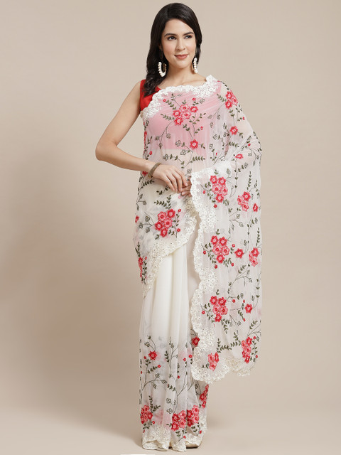 

Kalista Off White & Red Floral Embroidered Heavy Work Saree