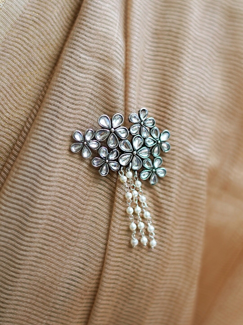 

TEEJH Oxidised Silver-Toned & White Stone-Studded & Pearl Beaded Brooch