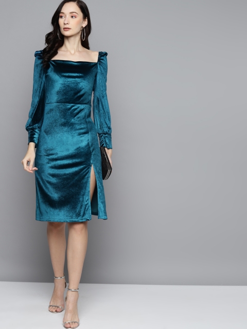 

SASSAFRAS Teal Blue Velvet Bodycon Dress