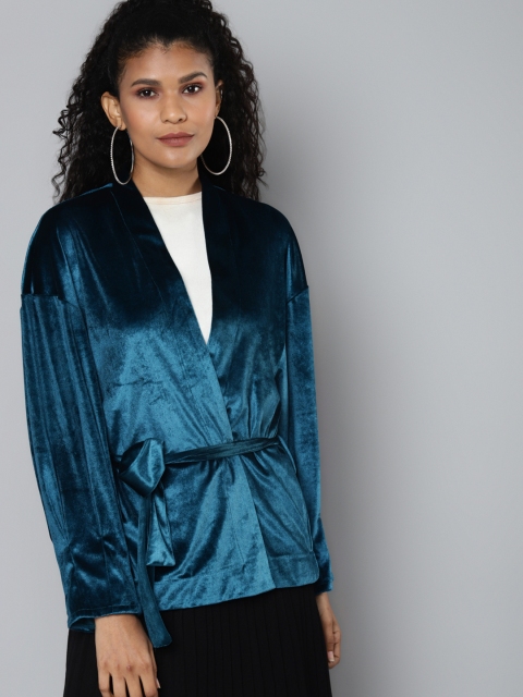 

SASSAFRAS Women Teal Blue Velvet Open Belted Kimono Jacket