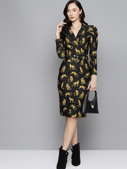 

SASSAFRAS Black & Yellow Cheetah Notch Collar Belted Scuba Dress