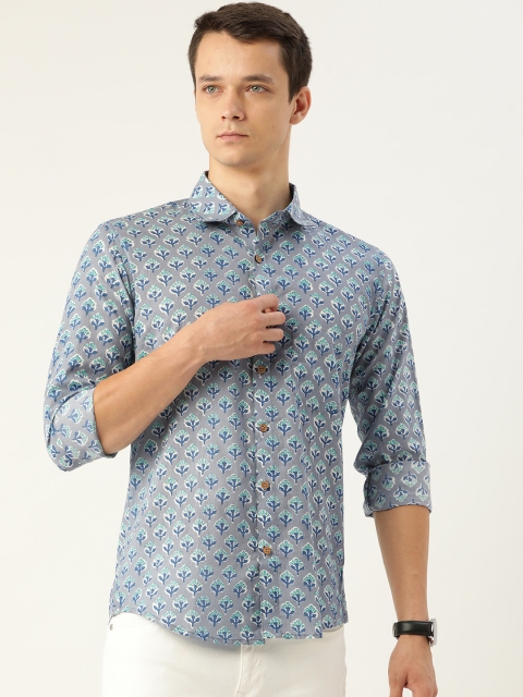 

FERANOID Men Blue Opaque Printed Cotton Casual Shirt