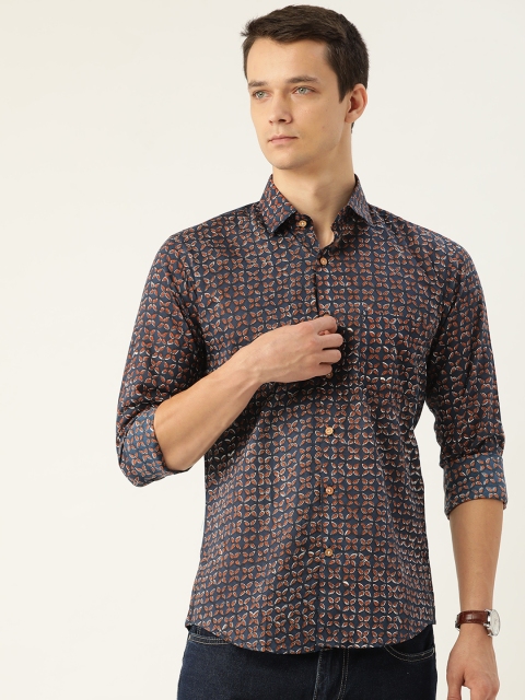 

FERANOID Men Blue Opaque Printed Cotton Casual Shirt