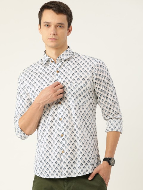 

FERANOID Men White Opaque Printed Cotton Casual Shirt