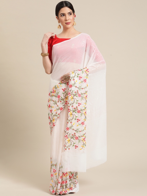 

Mitera White & Red Floral Ethnic Embroidered Sequinned Saree