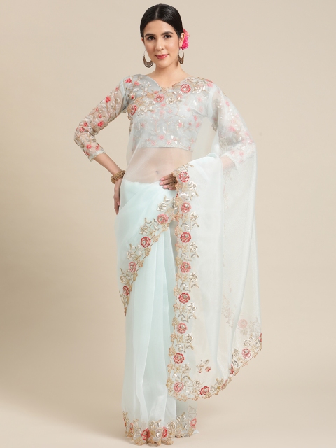 

Mitera Turquoise Blue & Red Sequinned Ethnic Embroidered Organza Saree