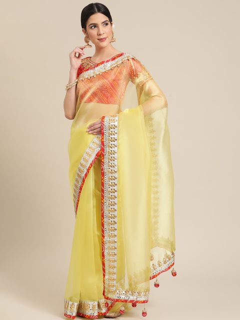 

Mitera Yellow & Red Organza Silk Blend Ethnic Embroidered Party Saree