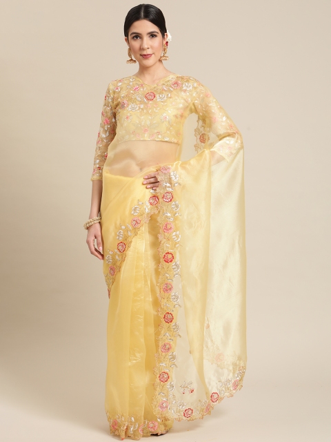 

Mitera Yellow & Red Sequinned Organza Ethnic Embroidered Party Saree