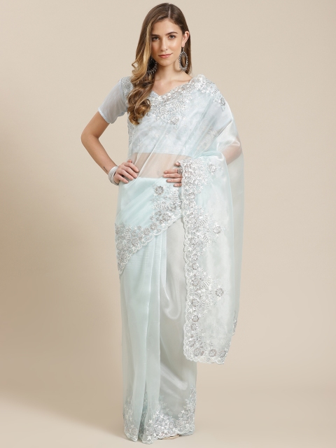 

Mitera Turquoise Blue Embellished Sequinned Organza Saree