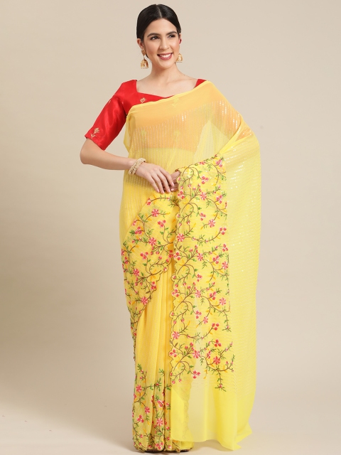 

Mitera Yellow Floral Sequinned Silk Blend Ethnic Embroidered Saree